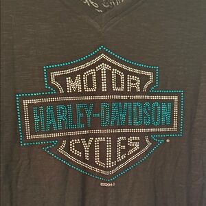 Harley-Davidson Black Tee with Teal and White Rhinestone Logo
